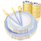 WDF 150pieces Baby Blue Plastic Plates with Gold Rim - Disposable Gold Plastic Silverware With Blue Handle-Baroque Light Blue&Go