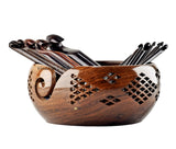 Dnu Avenue Rosewood Ergonomic Crochet Hooks Set Of 15 3.5 Mm To 25 Mm With Vintage Carved Bowl, Wooden Yarn Hooks For Arthriti