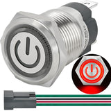 UL Listed 15 Amp 12V-24V DC/AC; Momentary Push Button Switch 16mm 5/8 Waterproof IP67 Power Button 1NO SPST; with Wire Socket fo