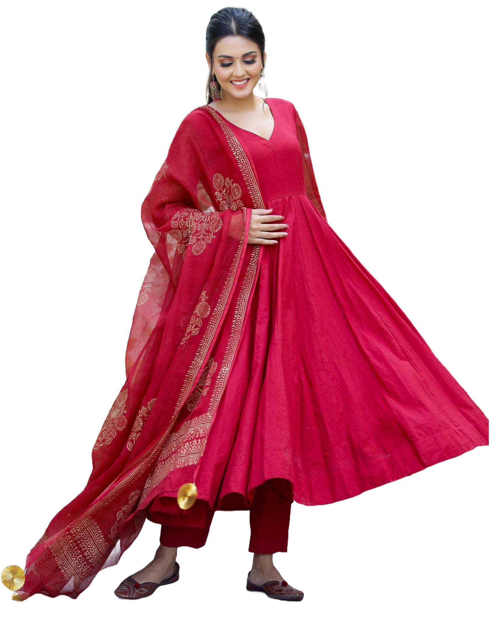 Anni Designer Women'S Cotton Blend Solid Anarkali Kurta With Pant & Dupatta (Magic-Red_M_Red_Medium),Red,M