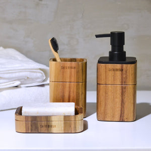Satu Brown Bathroom Accessory Set Acacia Wood 3 Pieces Includes Bathroom Soap Dispenser, Bathroom Tumbler, Soap Dish Accessories