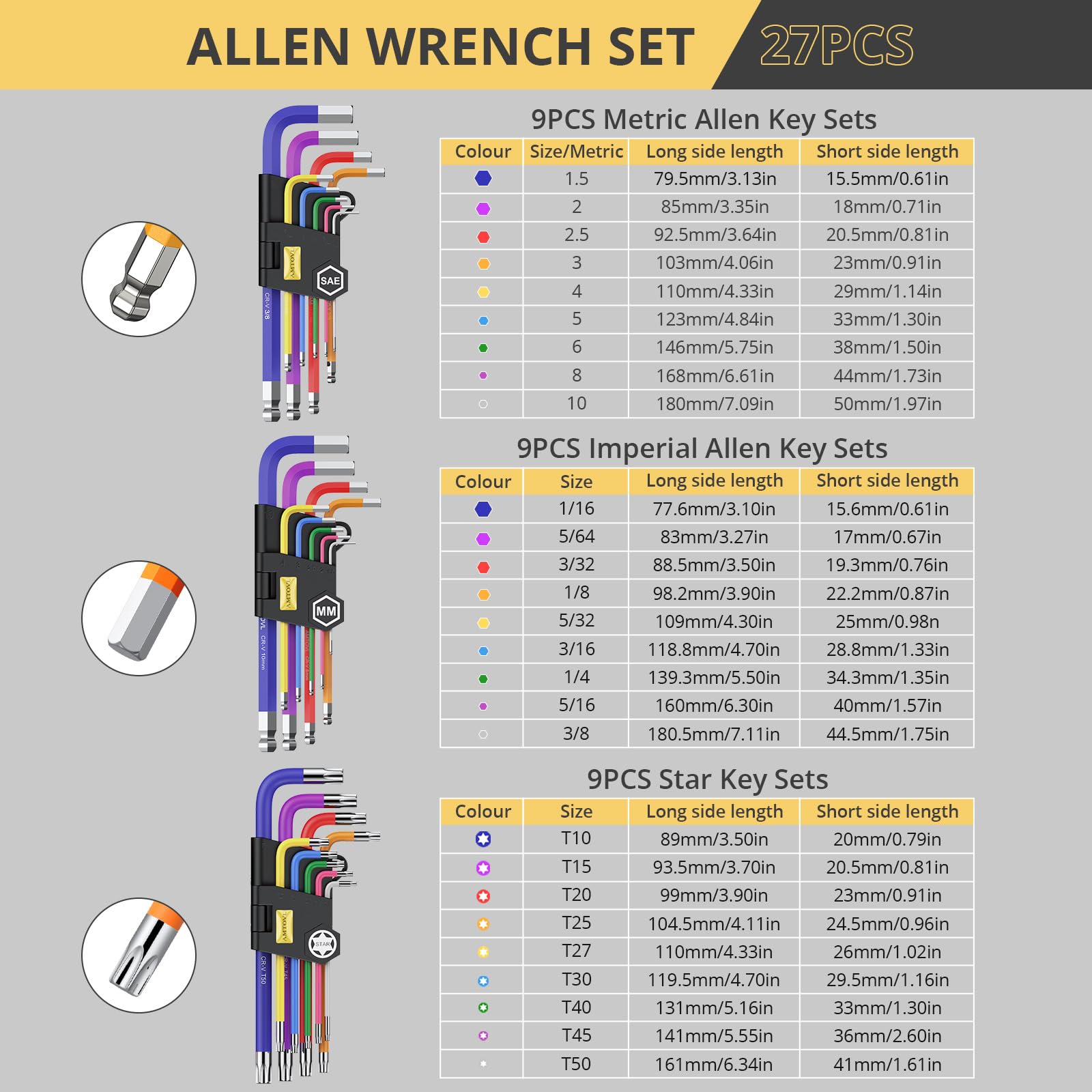 AMTOVL 27PCS Allen Key Set - Metric & SAE Allen Wrench Set, Extra Long Ball & Star End Hex Keys with T-Handle & Color Coding for