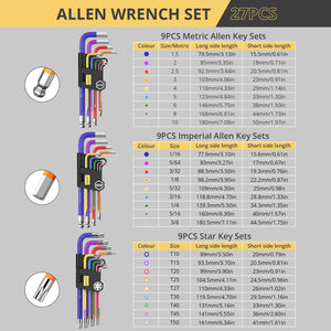AMTOVL 27PCS Allen Key Set - Metric & SAE Allen Wrench Set, Extra Long Ball & Star End Hex Keys with T-Handle & Color Coding for