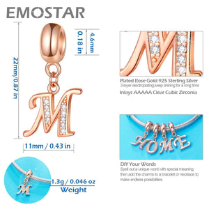 Letter M Rose Gold Charms fits Pandora Bracelet, Initial A-Z Alphabet Beads, 925 Sterling Silver Letra Dangle CZ Necklace Pendan