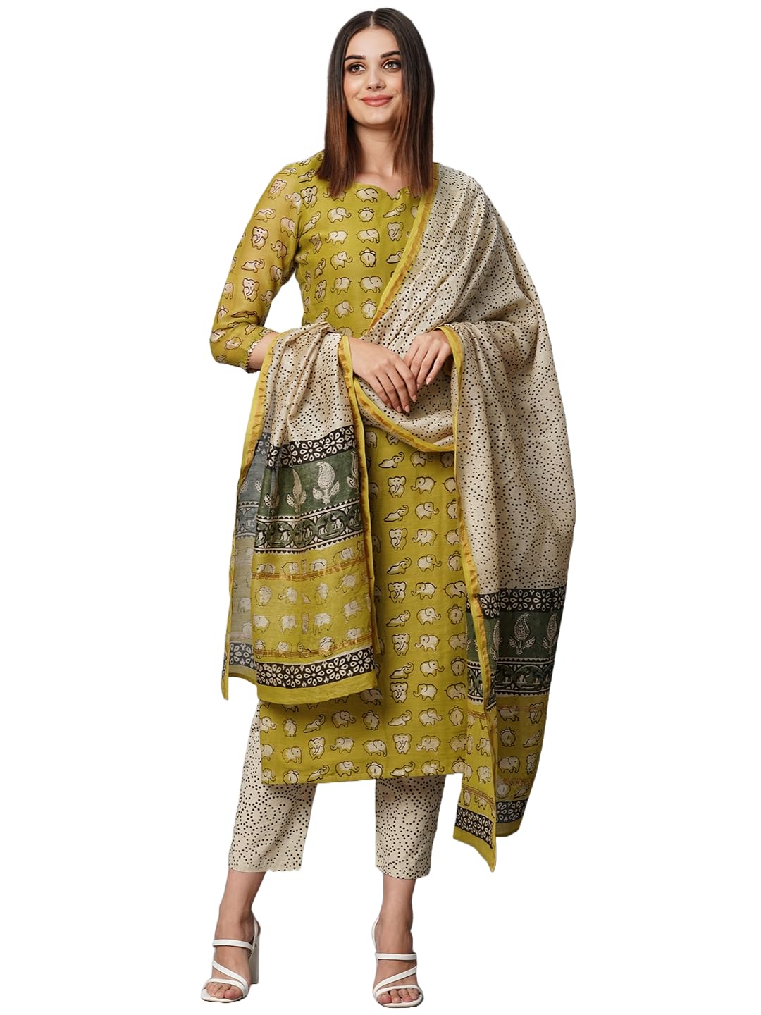 Anni Designer Women'S Cotton Blend Straight Printed Kurta With Pant & Dupatta (Stamp Green_S_Green_Small),Green,S