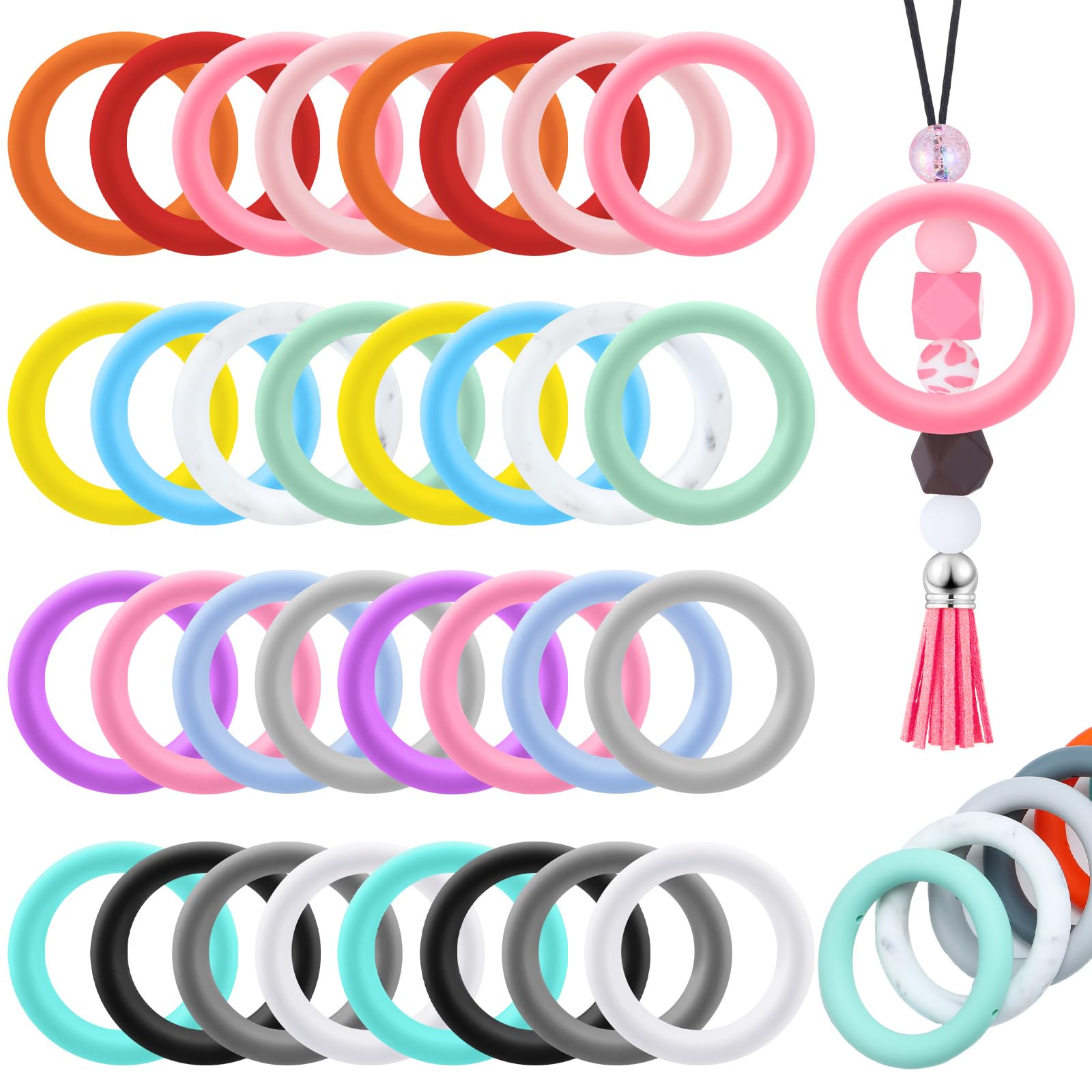 Motionchic 32 Pcs Silicone Beadable Ring 65mm Round Silicone Loop with 2 Hole Beadable Focal Frames Pendant for DIY Keychain Nec
