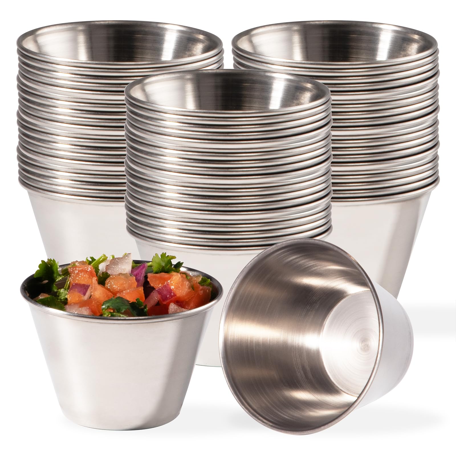 120 Pack] 4 oz Stainless Steel Sauce cups - Individual Round condiments Ramekins, commercial grade SafePortion Dipping Sauce Kit