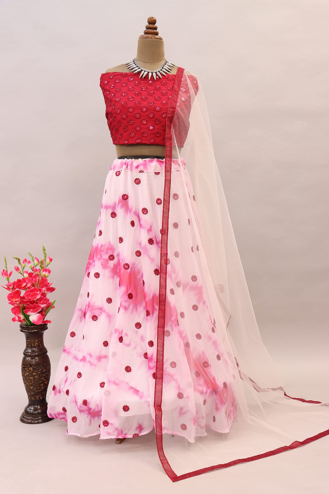 Fashion Basket Women'S Gerogette Semi Stitched White Lehenga Choli Pink Free Size Fb-Lh-L8229