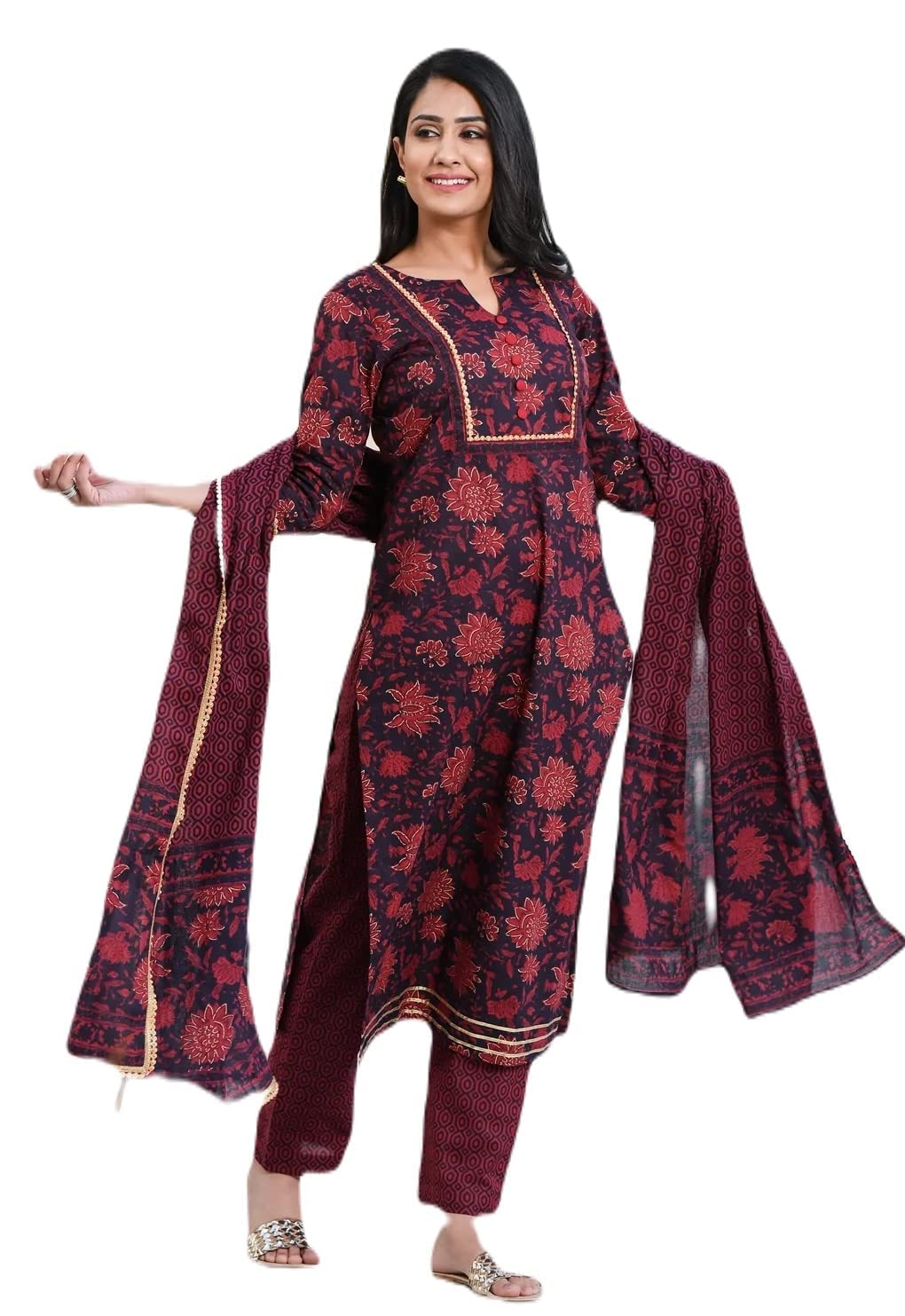 Anni Designer Women'S Cotton Blend Straight Printed Kurta With Pant & Dupatta (Rapat Wine_S_Wine_Small),Wine,S