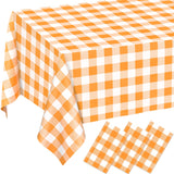 QISOLIY 3 Pack Orange Gingham Tablecloths, 54 x 108 Inch Orange and White Checkered Plastic Table Covers, Disposable Rectangular