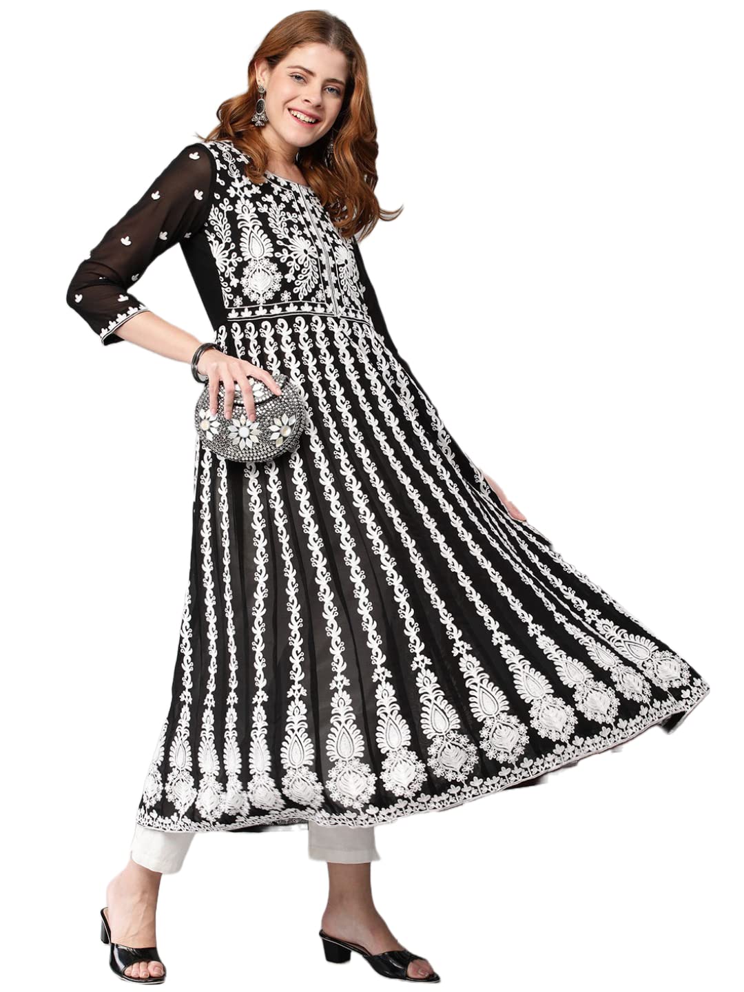 Anni Designer Women'S Georgette Chikankari Embroidered Anarkali Kurti (Kari Black-Nw1_S_Black_Small),Black,S