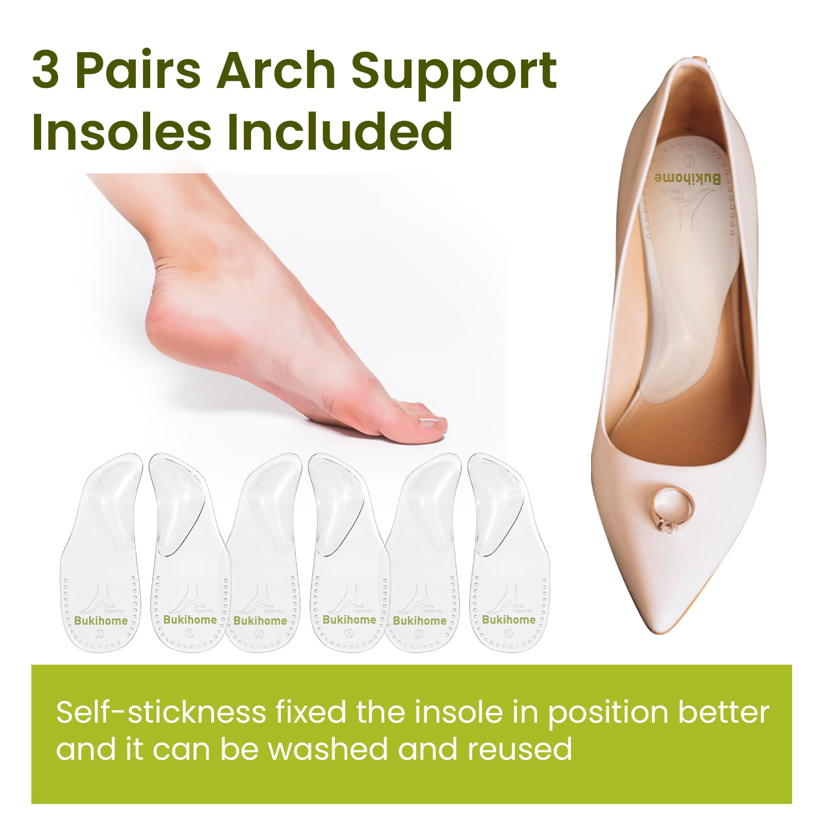 Bukihome Arch Support Shoe Insoles for Flat Feet,3 Pairs Gel Arch Inserts for Plantar Fasciitis, Adhesive Arch Pad for Relieve P