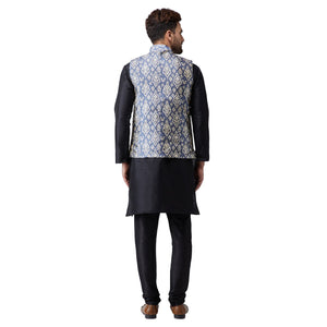 Sojanya (Since 1958 Men'S Silk Black Kurta Pyjama & Blue Printed Nehru Jacket Set Size L