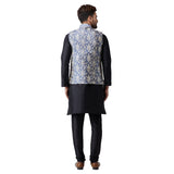 Sojanya (Since 1958 Men'S Silk Black Kurta Pyjama & Blue Printed Nehru Jacket Set Size L
