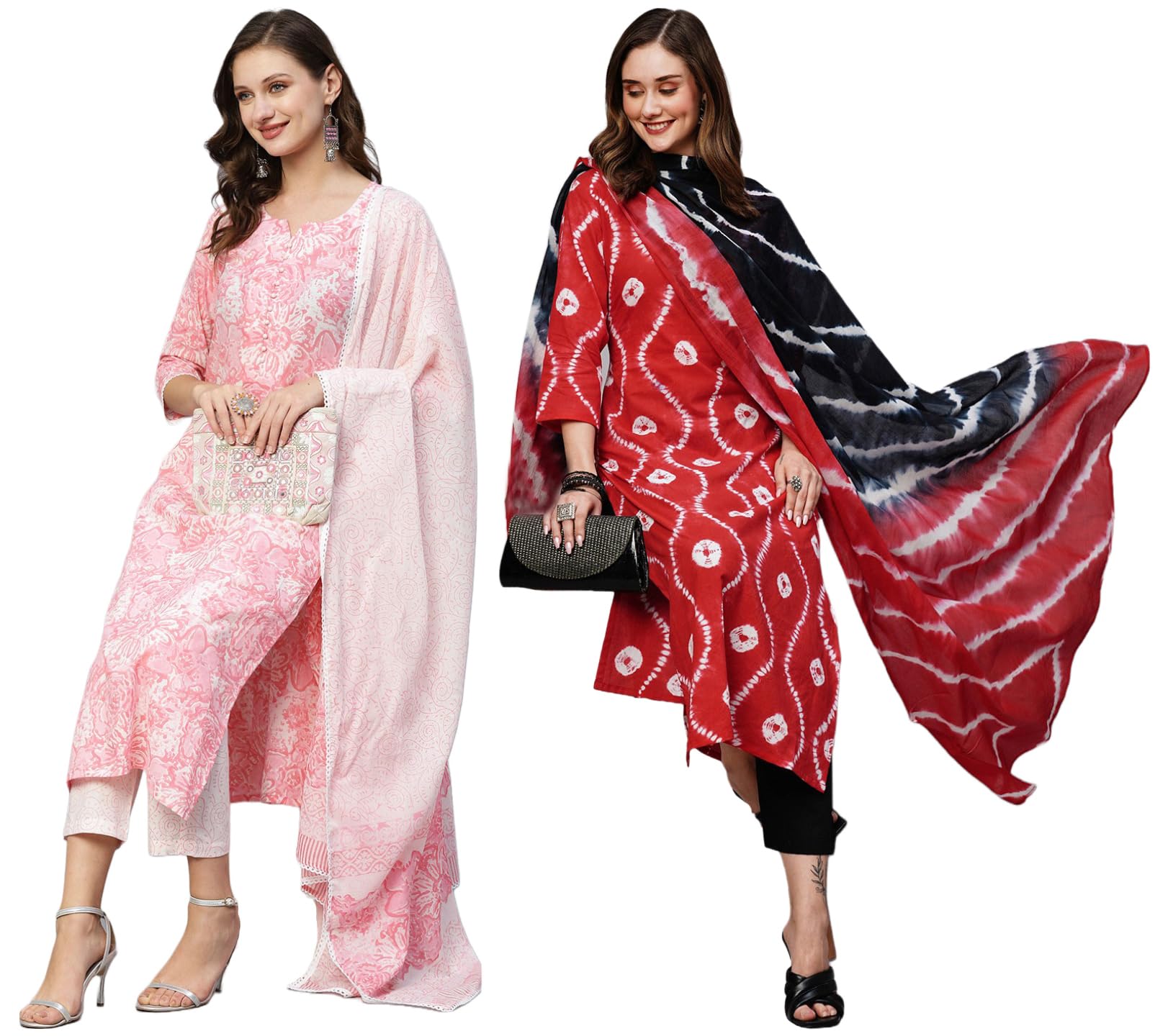 Anni Designer Women'S Cotton Blend Printed Straight Kurta With Pant & Dupatta Pack Of 2 (Combo-Prem Pink-Mayavi Red_Xxl_Multi_Xx-Large),Multicolour,2XL