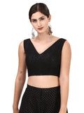 OOMPH! Women's Indian Ethnic Wear Designer Round Leaf Pattern V Neck Sleeveless Cotton Black Blouse for Saree or Lehnga and Blou