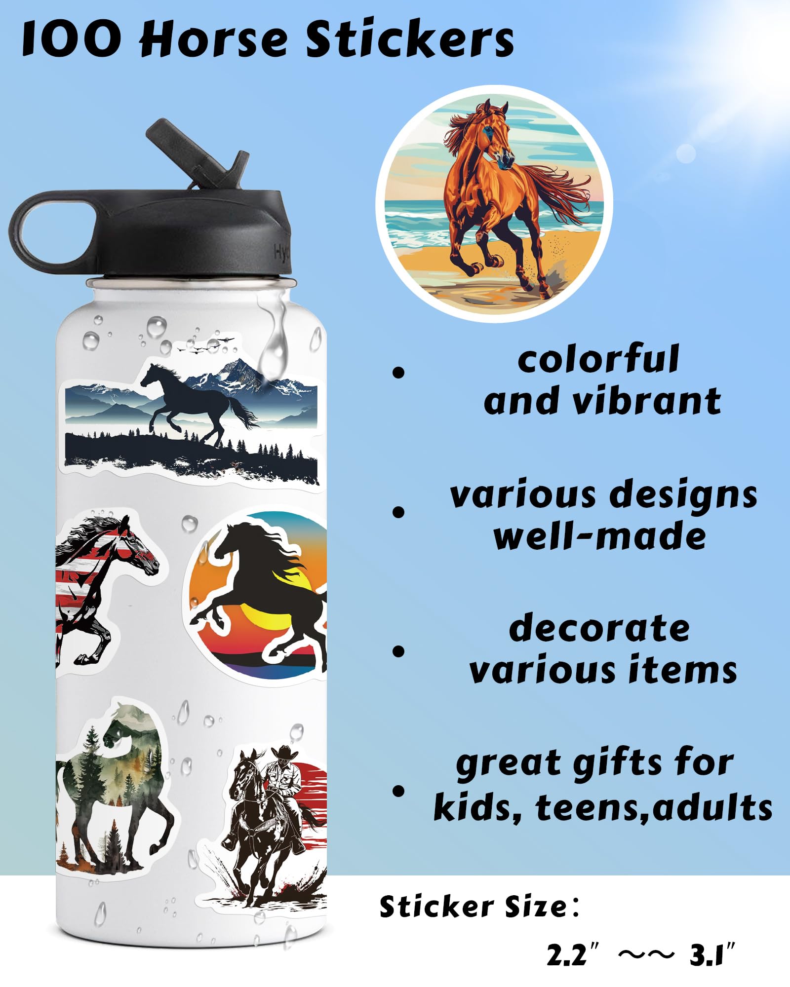 100 Pcs Horse Stickers Pack, Horse Decor Party Favors, Horse Riding Stickers for Water Bottle Laptop Scrapbook, Cool Horse Theme