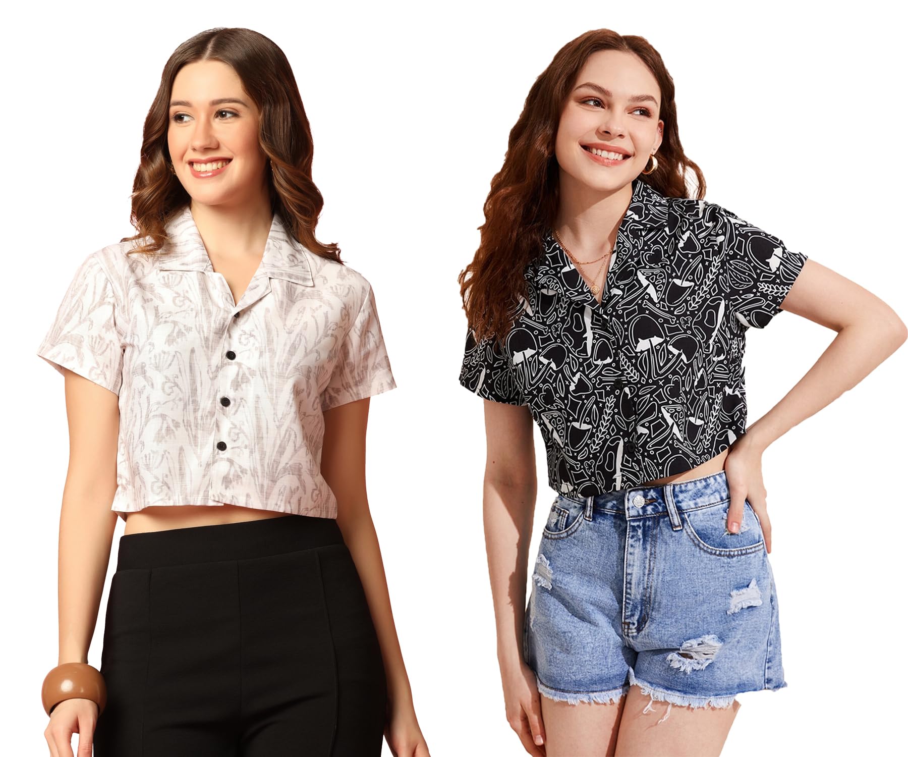 Toplot Women'S Casual Printed Crop Shirt With Half Sleeve Pack Of 2 (Combo-5059-Blk-Wht-Xl),Black-White,,B0CFTY7YJQ
