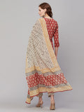 Anni Designer Women'S Cotton Blend Printed Straight Kurta With Pant & Dupatta (Usmi-Maroon_S_Maroon_Small),Maroon,S,Cotton Blend,Regular,Dupatta
