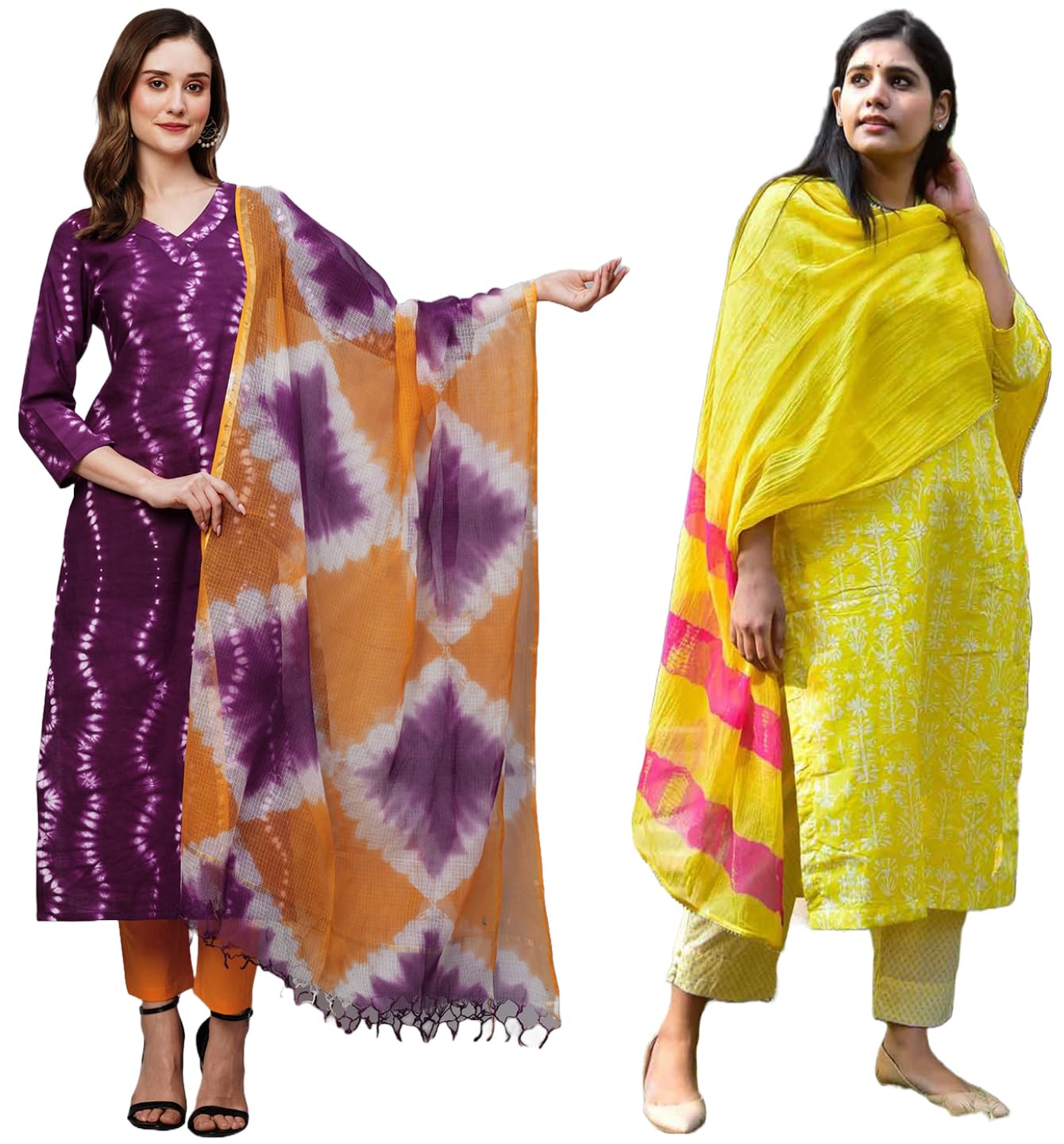 Anni Designer Women'S Cotton Blend Printed Straight Kurta With Pant & Dupatta Pack Of 2 (Combo-Mukhi Pink-Bagru-Yellow_Multicolor_Xx-Large),Multicolour,2XL