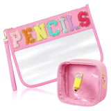 SUILU 2 Pcs Pencils Gifts Cosmetic Makeup Bag with Chenille Letter Patch,with Handles PVC Waterproof Clear Makeup Bag,Portable T