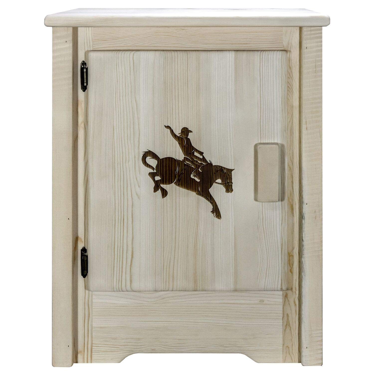 Montana Woodworks Homestead Collection Accent Cabinet With Laser Engraved Bronc Design, Left Hinged, Clear Lacquer Finish