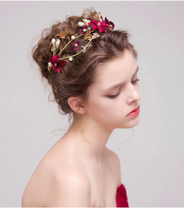 Wedding Headpiece Red Flower Gold Butterfly Hairbands Wedding Tiara Pearl Headbands Bridal Hair Bridesmaid Jewelry Accessories (