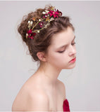 Wedding Headpiece Red Flower Gold Butterfly Hairbands Wedding Tiara Pearl Headbands Bridal Hair Bridesmaid Jewelry Accessories (