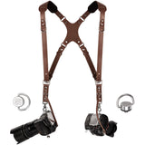 Camera Harness for 2 Cameras Slim Dual Shoulder Leather Camera Strap Camera Straps for Photographers with Safety Tether Adjustab