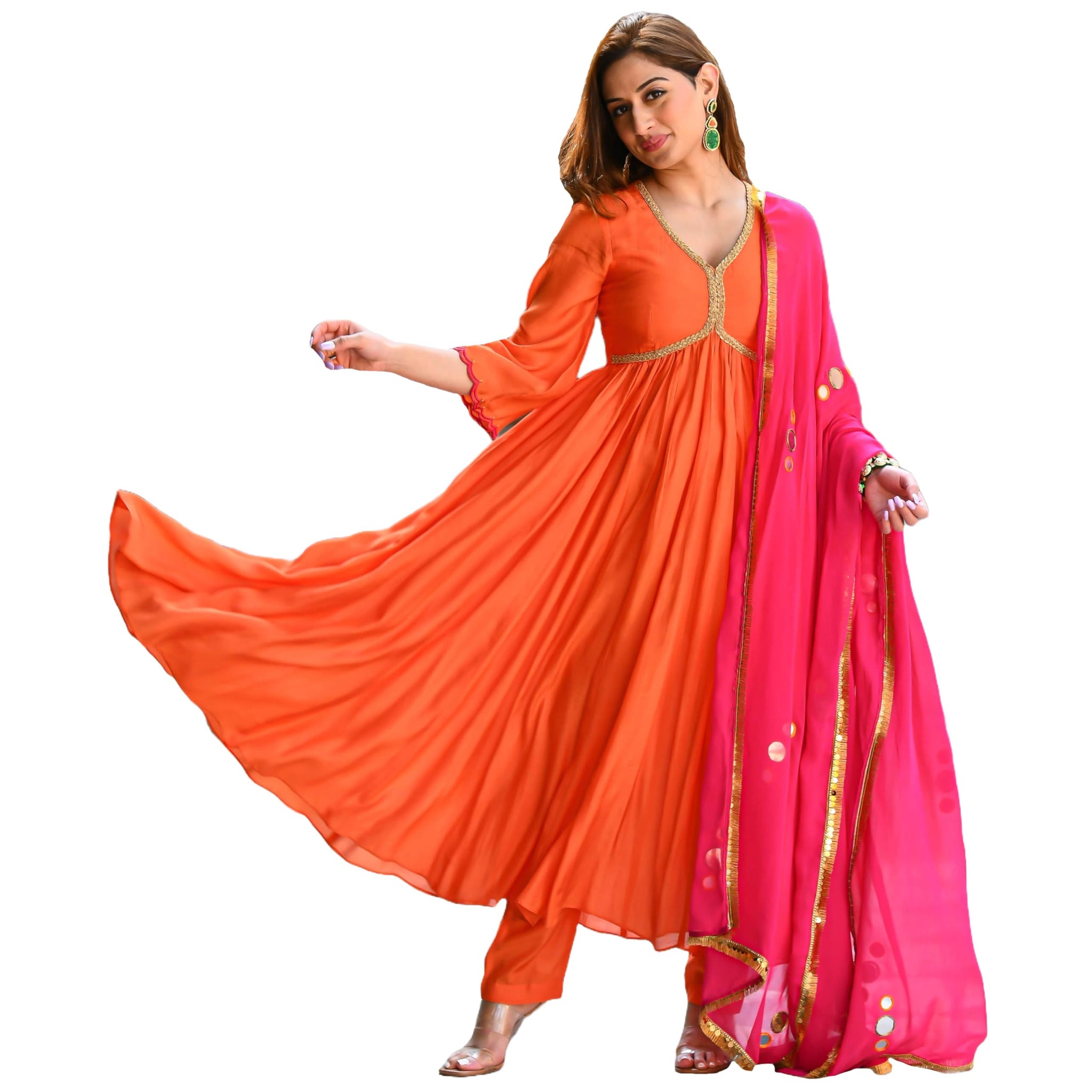 Anni Designer Women'S Rayon Blend Anarkali Solid Kurta With Pant & Dupatta (Maadhvi Orange_M_Orange_Medium),Orange,M