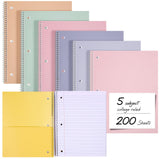 Qilery 6 Pack 5 Subject Notebook College Ruled 8 x 10.5 In, Pastel Colors