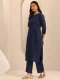 Libas Womens Woven Design Cotton Blend Straight Kurta With Trousers And Dupatta Navy Blue 2Xl