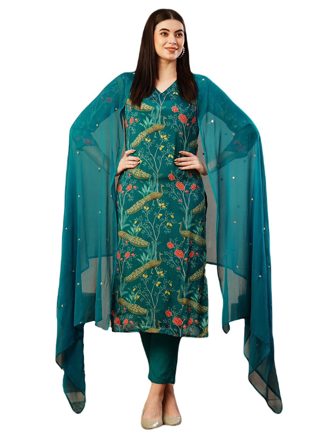 Gosriki Women'S Cotton Blend Straight Printed Kurta With Pant & Dupatta (Geto Rama-Nfb-Gs_Xxl_Green_Xx-Large),Green,2,B0CTHXRHXY