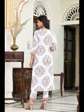 Anni Designer Women'S Cotton Blend Floral Printed Straight Kurta With Pants & Dupatta (Cup-Off-White-Cmd_S_White_Small),White,S,Cotton Blend,Regular,Kurta, Pants, Scarf