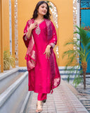 Anni Designer Women'S Silk Blend Straight Embroidered Kurta With Pant & Dupatta (Premium Pink-Vks05_S_Pink_Small),Pink,S,,,