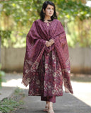 Gosriki Women'S Rayon Blend Anarkali Printed Kurta With Pant & Dupatta (Kanjur Wine-Gs_Xl_Wine_X-Large),Wine,,B0DC6KSZ8K