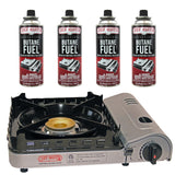Chef Master 15,000 BTU Butane Portable Camp Stove + 4x 8oz Butane Canisters | Double Wind-Guard Portable Stove Burner w/Piezo Ig
