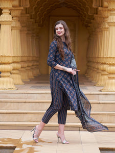 Gosriki Women'S Cotton Blend Printed Straight Kurta With Pant & Dupatta (Bagwara Blue-Gs_Xl_Blue_X-Large),Blue,,B0CFFCGTK8