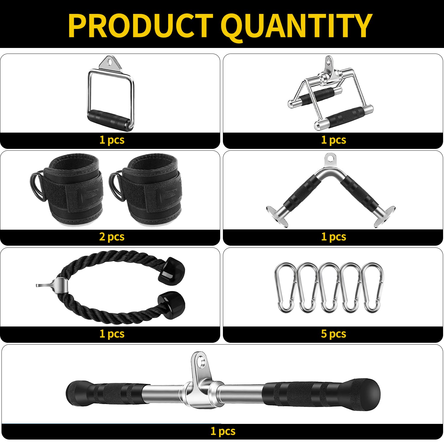 WNOEY Triceps Pull Down Attachment, Cable Machine Accessories for Home Gym (V Handle + Row Handle + Rotating Bar + Tricep Rope +