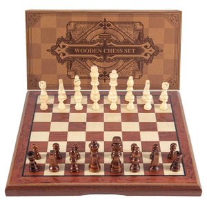 AMEROUS 15'' Magnetic Wooden Chess Set -Folding Board -2 Extra Queens -Chessmen Storage Slots -Gift Package, Travel Chess Board