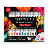 24 Colors Acrylic Paint Set, 12ml Tubes with Paint Brushes, Premium WaterBased Acrylic Paints for Canvas, Wood, Fabric, Rock &