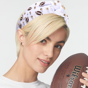 Football Headband Pearl Rhinestone Jeweled Knotted Headbandn Wide Game Day Sports Hair Accessories Gift for Football Mom Fans