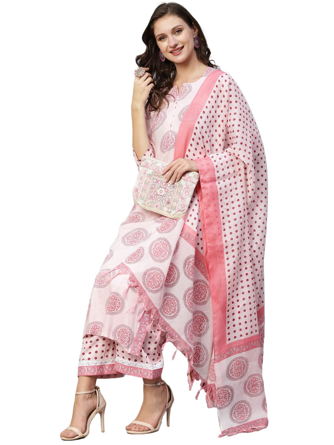 Gosriki Women'S Cotton Blend Straight Printed Kurta With Palazzo & Dupatta (Chhapa-Pink-Nw-Gs_Xxl_Pink_Xx-Large),Pink,2,B0C55JCGGW