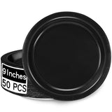 50 Round Black Party Plates Pack, Disposable 9 Inch Paper Dinner Plates for Daily Meals, Picnics, Camping, Birthdays, Christmas,