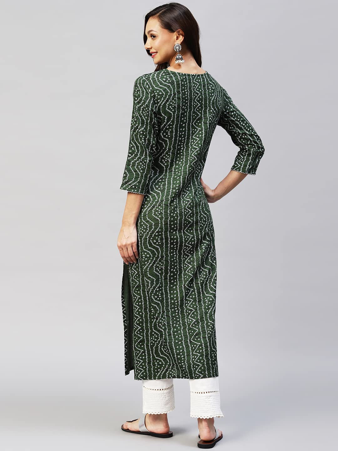 Gosriki Women'S Rayon Bandhni Printed Straight Kurta (Dmd Bandhi Green_L-Go_Green_Large),Green,,B0B9Y495TX
