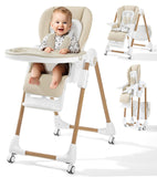 Mallify Foldable High Chairs for Babies and Toddlers, 3-in-1 Convertible Baby High Chair with Removable Soft Cushion and Tray, A