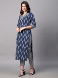 Anni Designer Women'S Cotton Blend Traditional Straight Printed Kurta And Pant Set (Shekhra Blue_L_Blue_Large),Blue,L,Cotton Blend,Regular,Pants