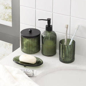 4PCs Heavy Weight Decent Glass Bathroom Accessories Set with Decorative Pressed Pattern - Includes Hand Soap Dispenser & Tumbler