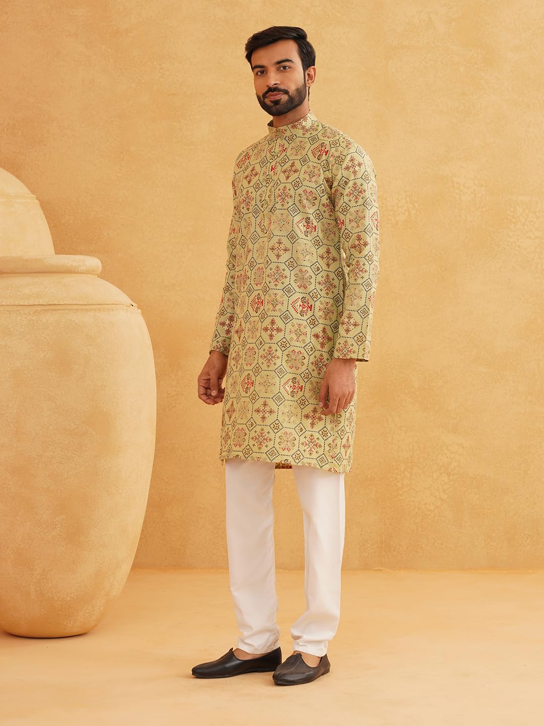 Sojanya (Since 1958 Men'S Cotton Linen Pista Green & Multi Print Only Long Kurta