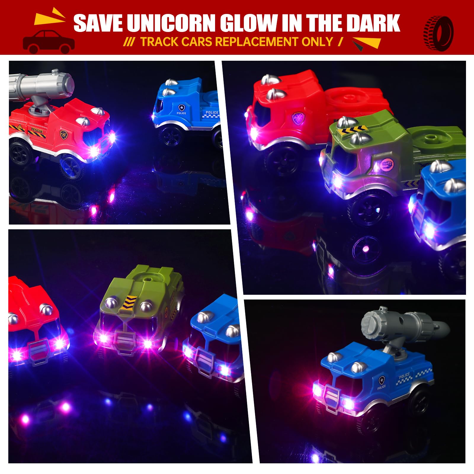 Save Unicorn Tracks Cars Replacement only,Track Cars for Tracks Glow in The Dark, Car Tracks Accessories with 3 Flashing LED Lig